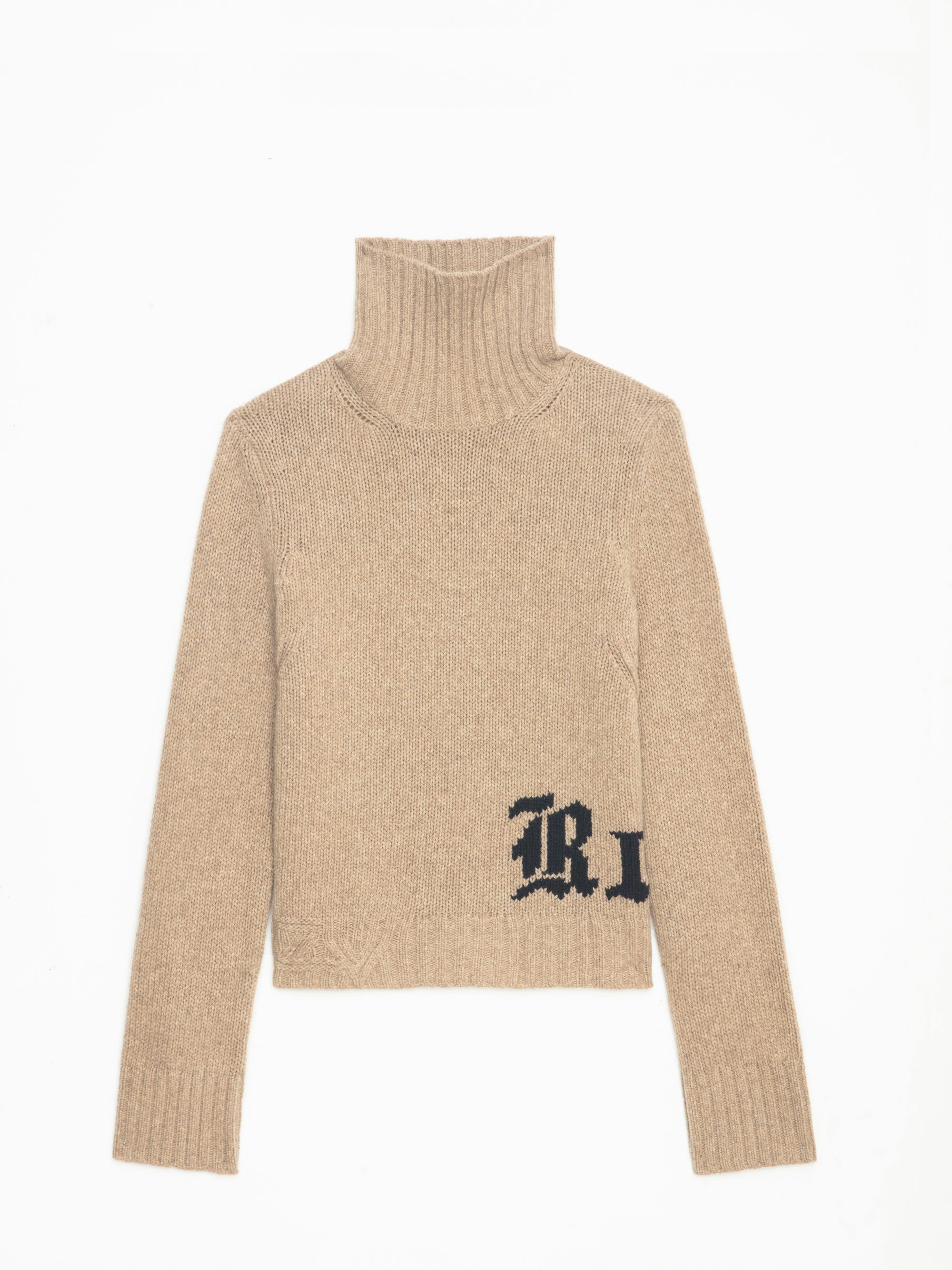 Nalma Jumper 100% Merino Wool - Light brown 100% merino wool jumper with a high neck and "Rock" inscription.